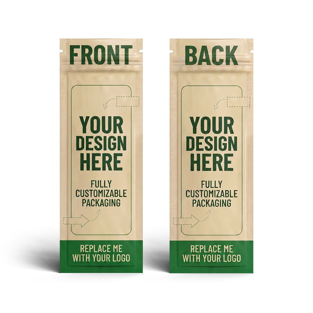Custom blunt wrap mylar bag mockup showing front and back with fully customizable packaging design and logo placement areas
