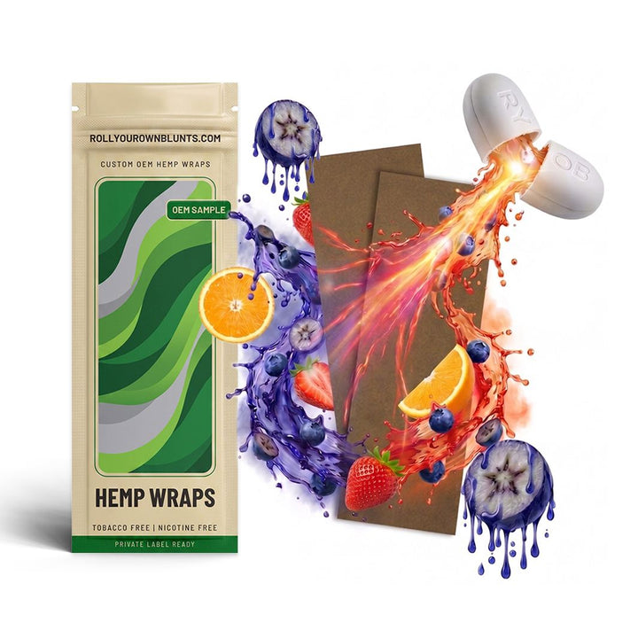 Custom flavored blunt wrap sheets with Flavor Boost capsule in OEM mylar bag - tobacco free, nicotine free