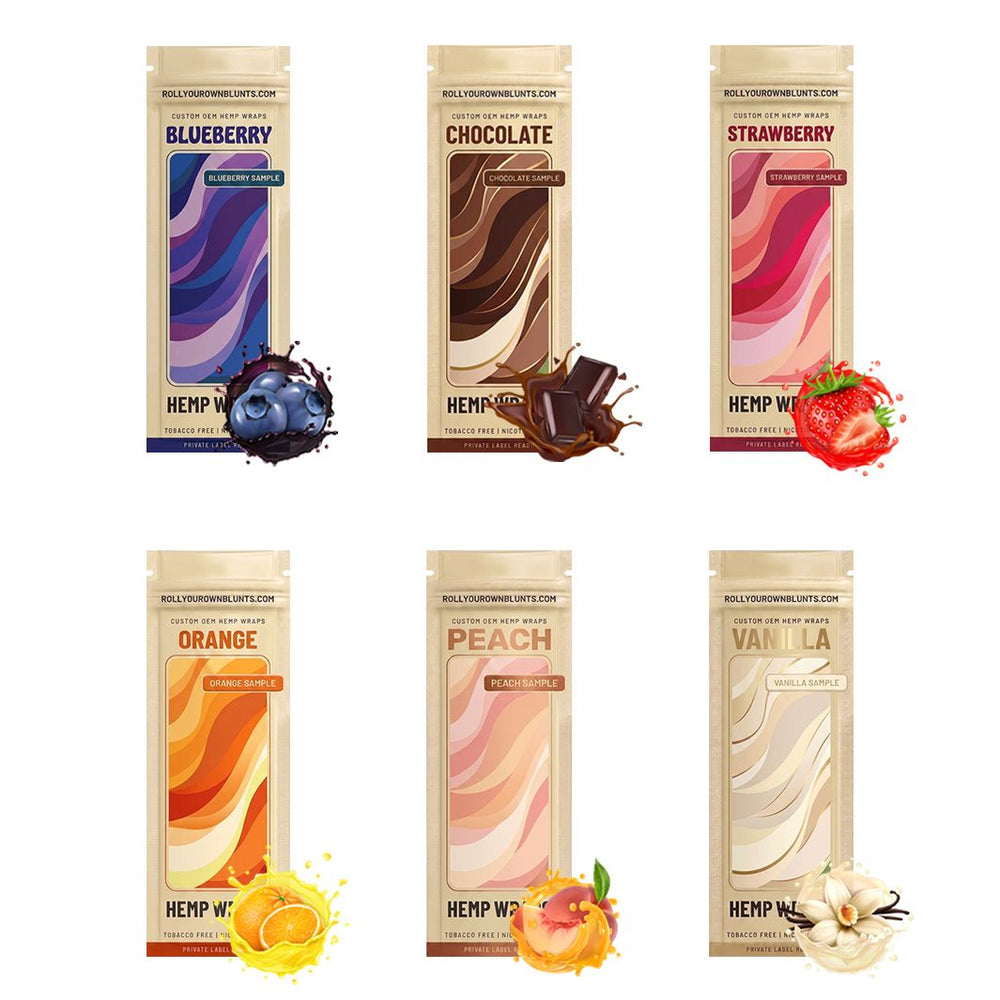 Custom blunt wraps all seven flavors lineup - OEM, vanilla, peach, strawberry, blueberry, orange, chocolate