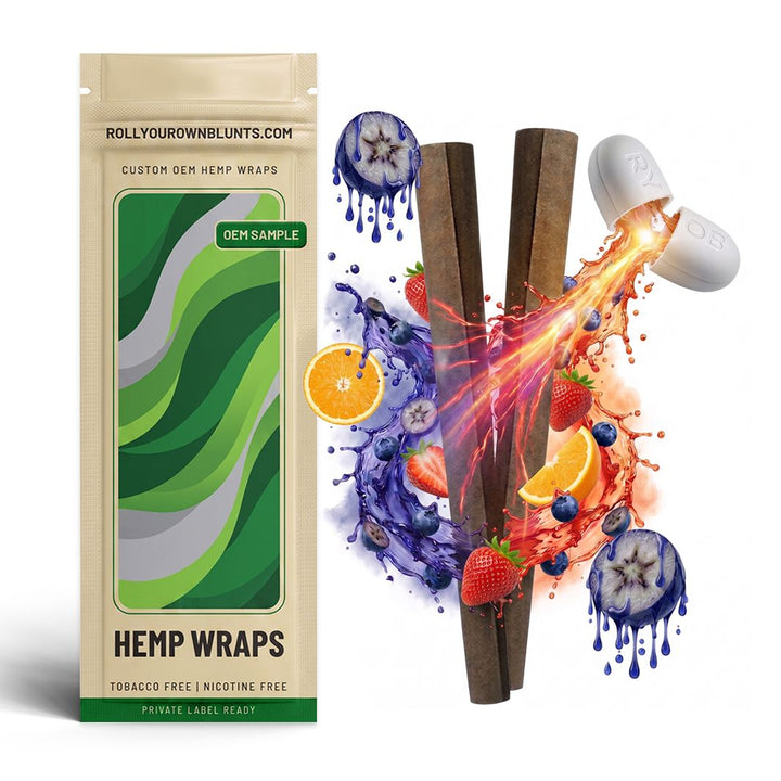 Custom curled blunt wraps with Flavor Boost capsule in OEM mylar bag - tobacco free, nicotine free   
