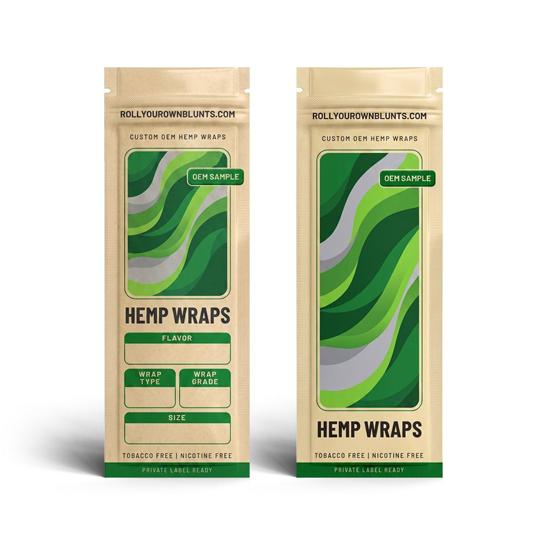Free custom hemp wrap sample pack showing front and back of OEM private label mylar bag with flavor, wrap type, grade, and size customization  options - tobacco free, nicotine free