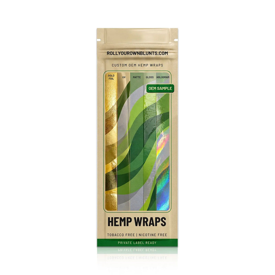 Custom hemp wraps private label OEM sample bag - gold foil, UV, matte, gloss, hologram finishes
